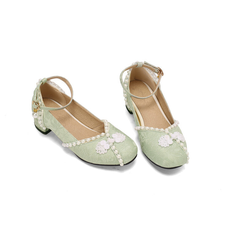 Women's Lace Beads Square Toe Block Heel Ankle Strap Pumps