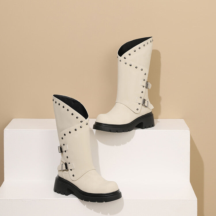Women's Buckle Belt Rivets Mid Calf Boots