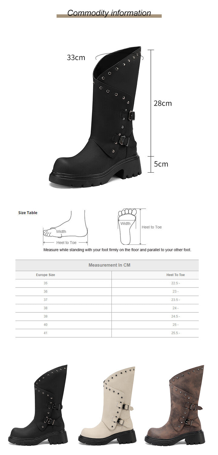 Women's Buckle Belt Rivets Mid Calf Boots