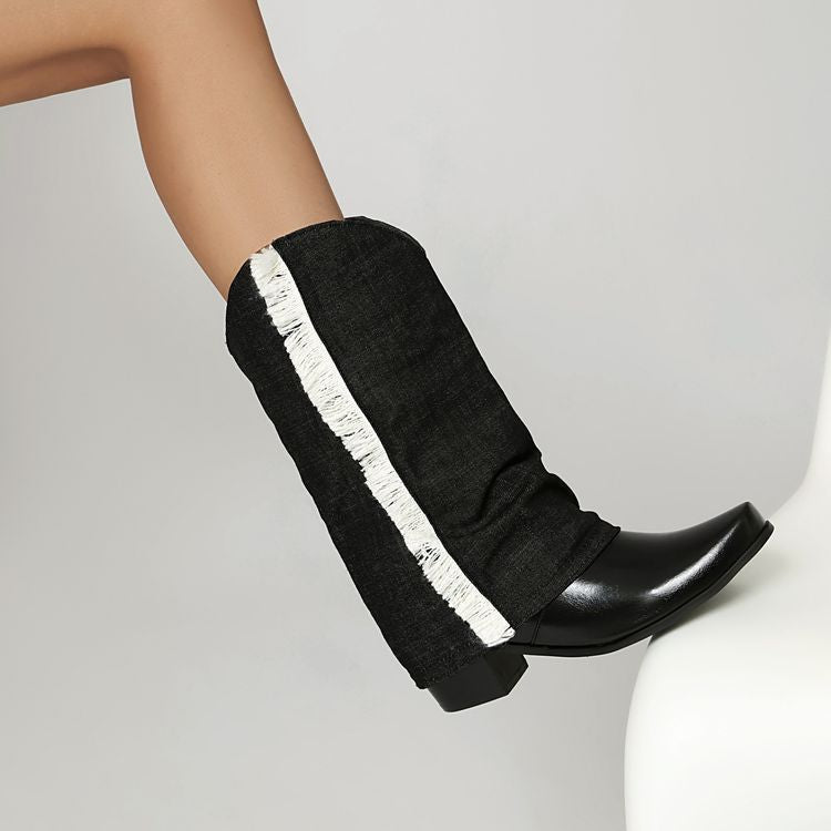 Women's Patchwork Tassel Pointed Toe Square Heel Western Boots