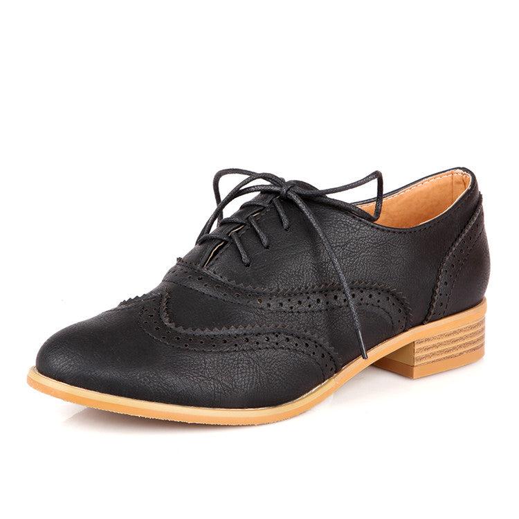 Ladies Pu Leather Stitching Patchwork Tied Lace Up Chunky Heels Oxford Shoes