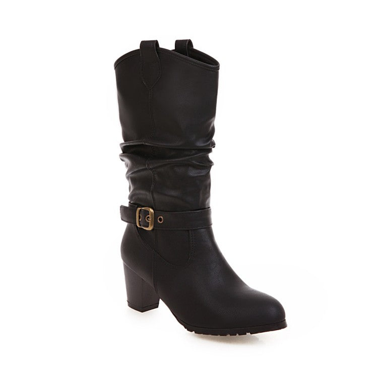 Ladies Pu Leather Pointed Toe Belts Buckles Stitching Block Heel Mid Calf Boots