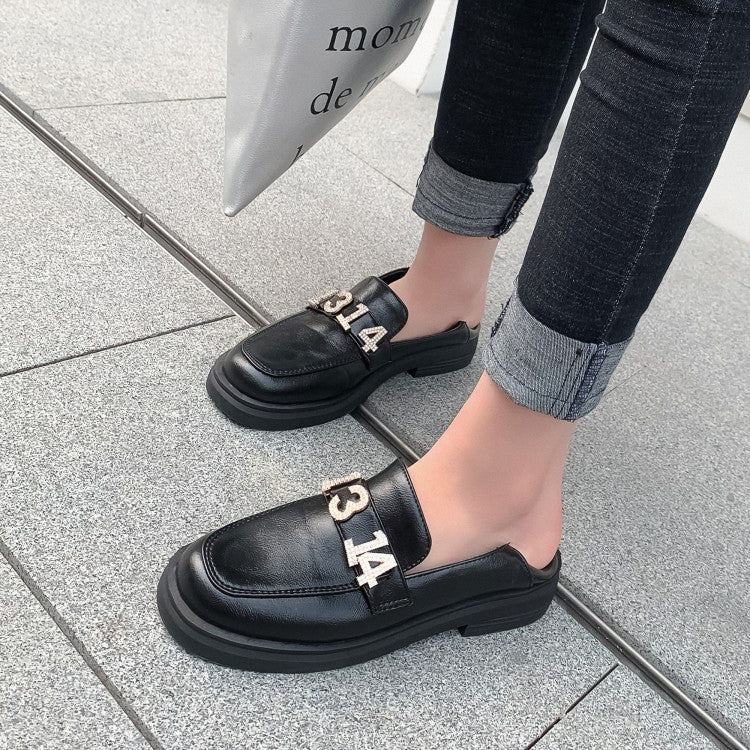 Ladies Solid Color Round Toe Rhinestone Decor Slip on Flats Shoes