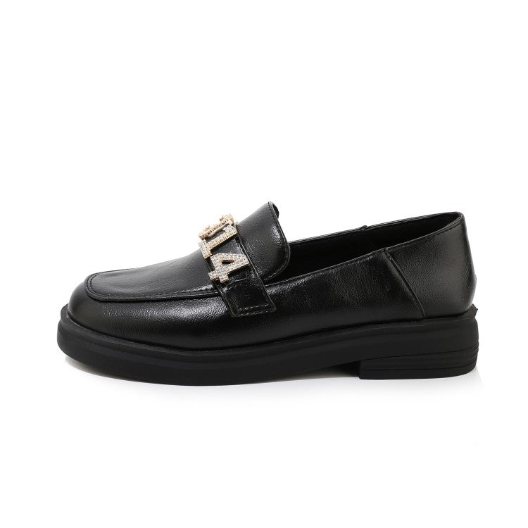 Ladies Solid Color Round Toe Rhinestone Decor Slip on Flats Shoes