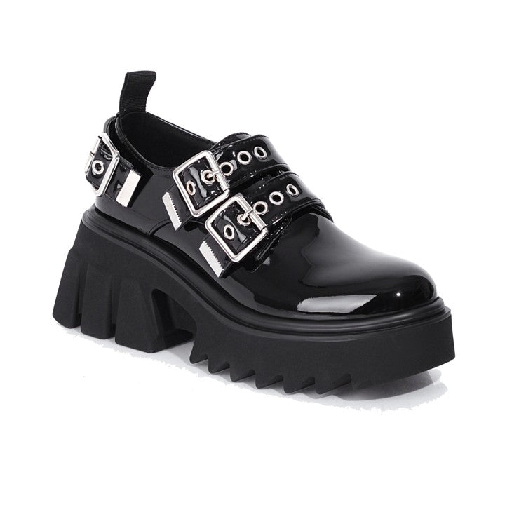 Women's Buckle Straps Block Heel Platform Loafers Shoes