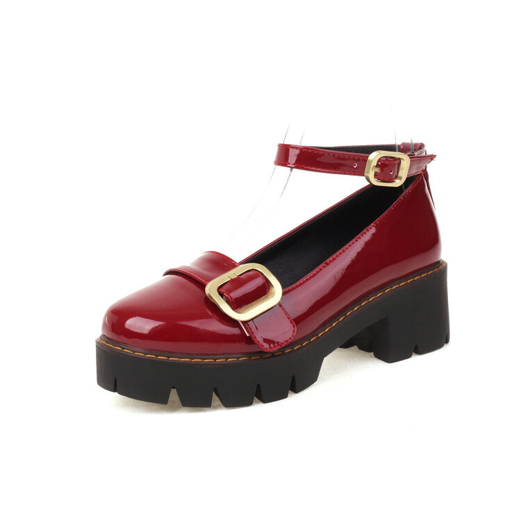 Ladies Glossy Round Toe Belts Buckles Platform Pumps Chunky Heels Shoes