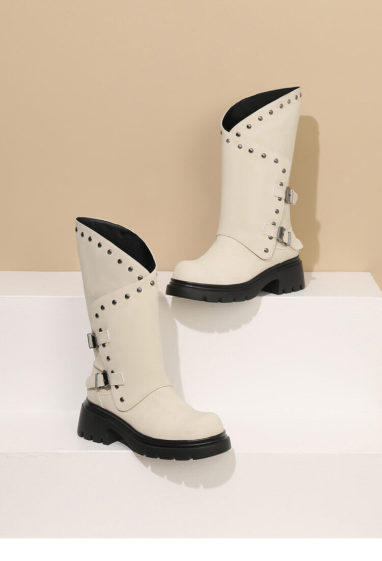 Women's Buckle Belt Rivets Mid Calf Boots