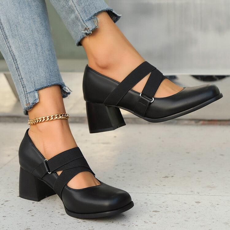 Women's Mary Jane Square Toe Elastic Bands Pumps