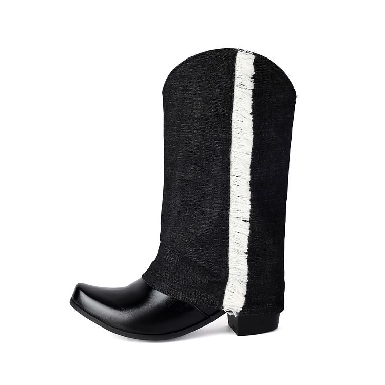Women's Patchwork Tassel Pointed Toe Square Heel Western Boots