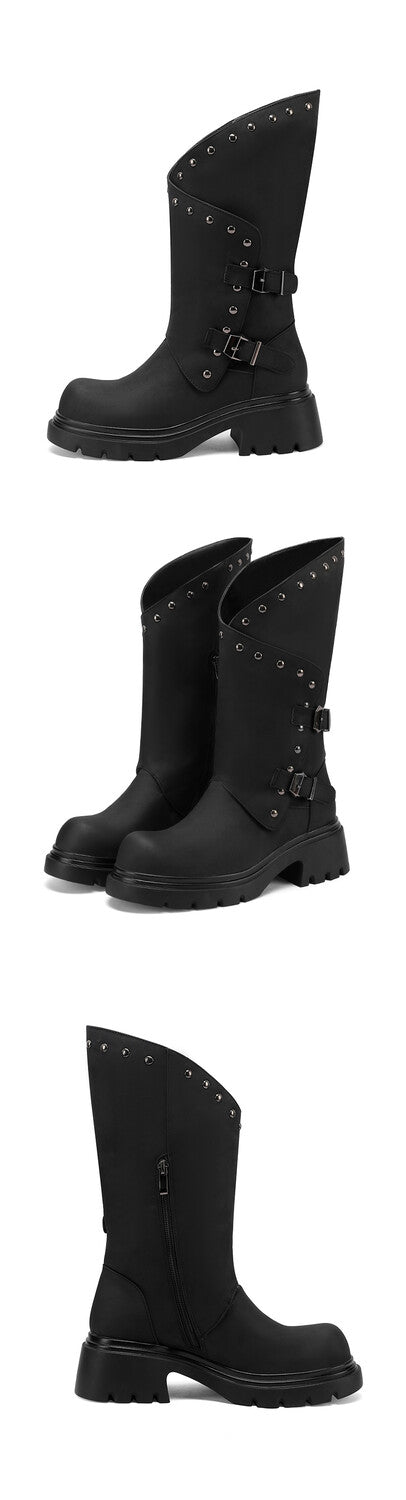 Women's Buckle Belt Rivets Mid Calf Boots