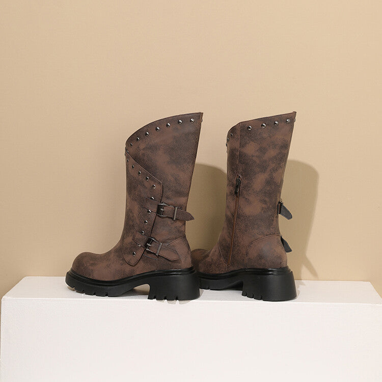 Women's Buckle Belt Rivets Mid Calf Boots
