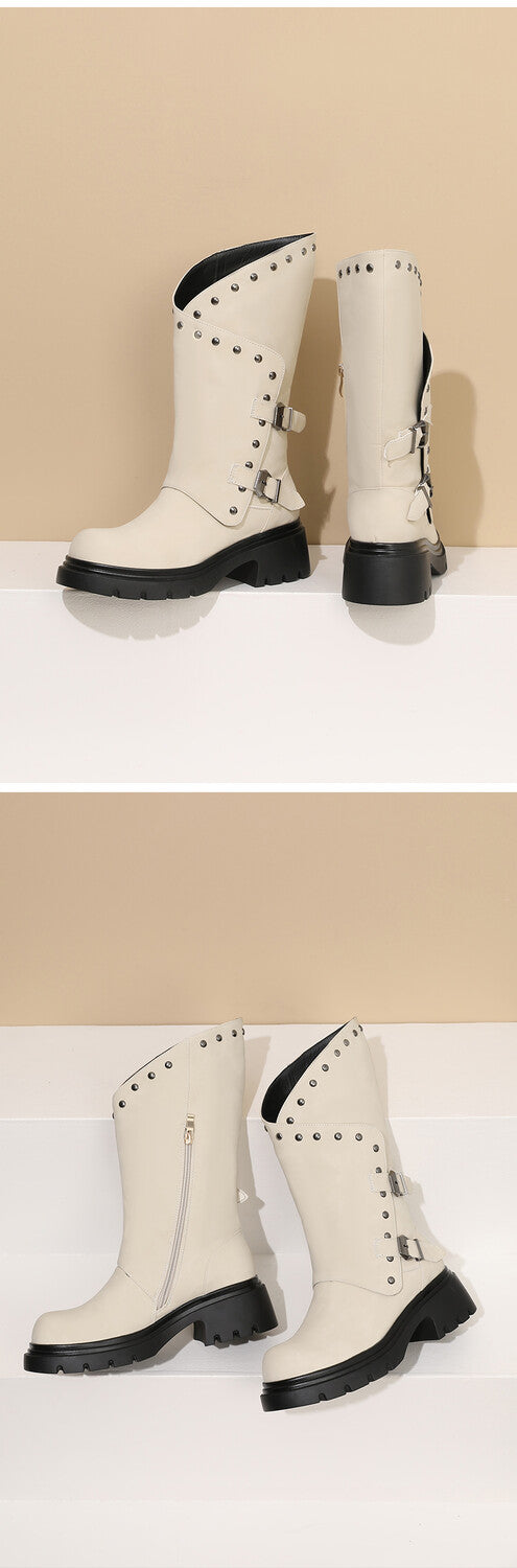 Women's Buckle Belt Rivets Mid Calf Boots