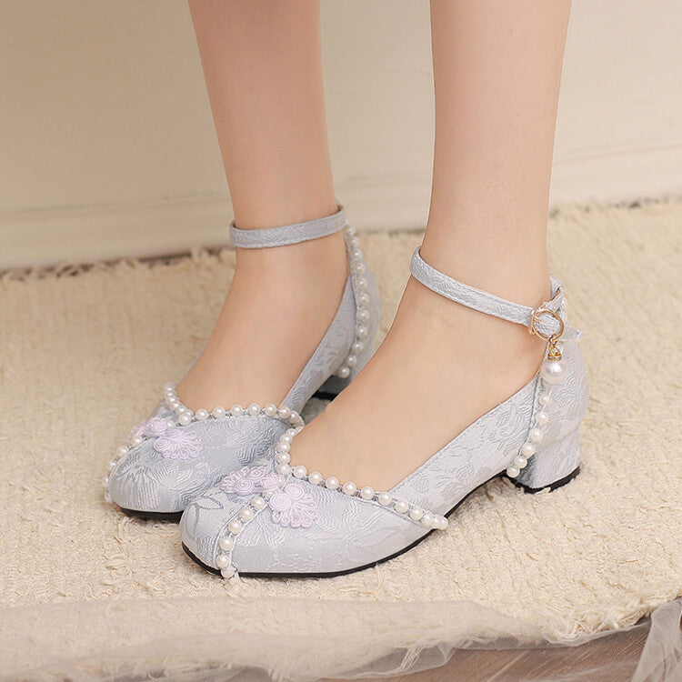 Women's Lace Beads Square Toe Block Heel Ankle Strap Pumps