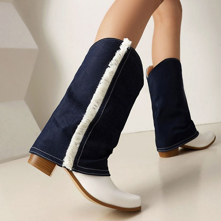 Women's Patchwork Tassel Pointed Toe Square Heel Western Boots
