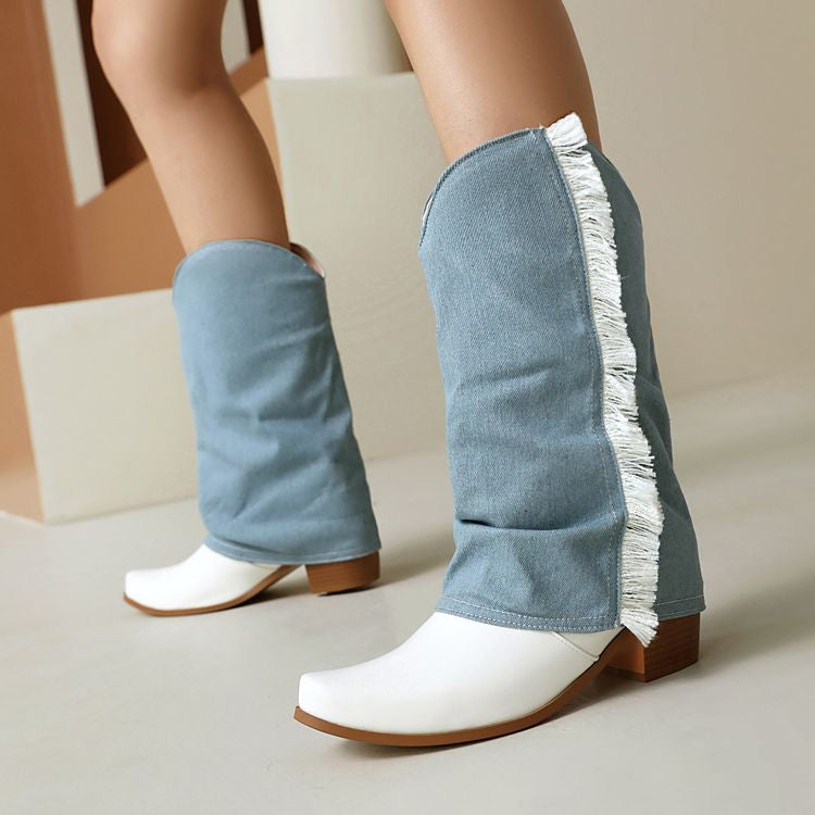 Women's Patchwork Tassel Pointed Toe Square Heel Western Boots