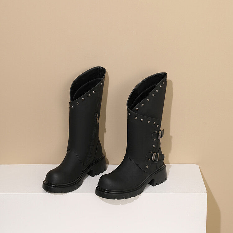 Women's Buckle Belt Rivets Mid Calf Boots