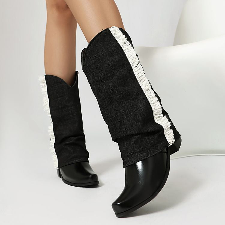 Women's Patchwork Tassel Pointed Toe Square Heel Western Boots