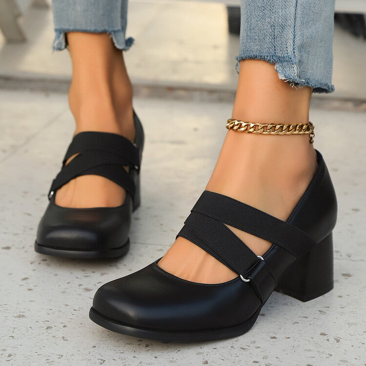 Women's Mary Jane Square Toe Elastic Bands Pumps