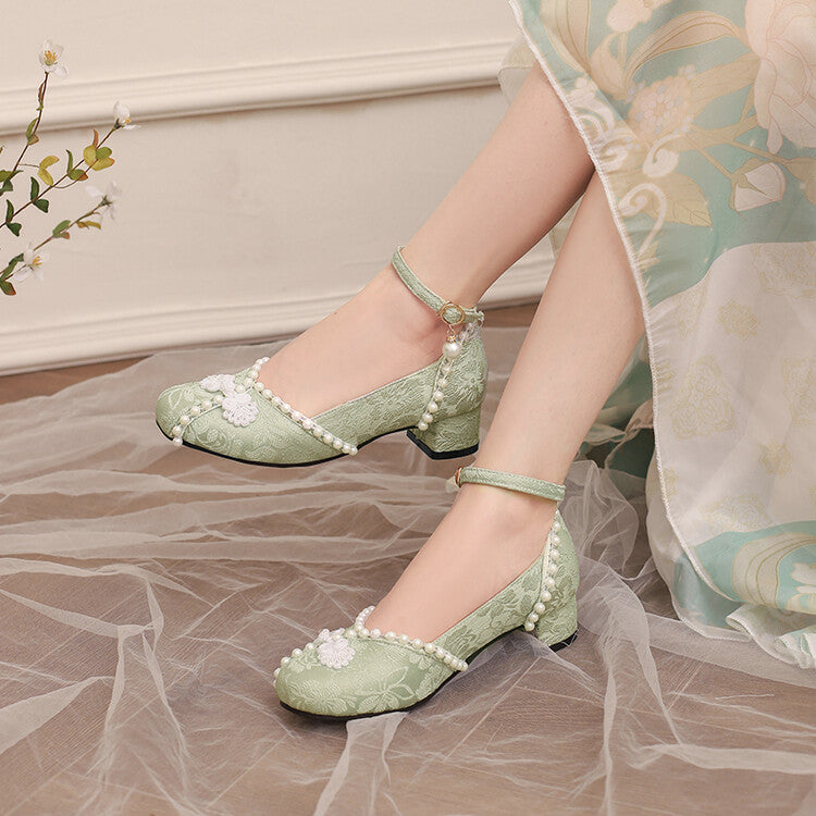 Women's Lace Beads Square Toe Block Heel Ankle Strap Pumps