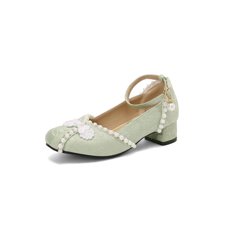 Women's Lace Beads Square Toe Block Heel Ankle Strap Pumps