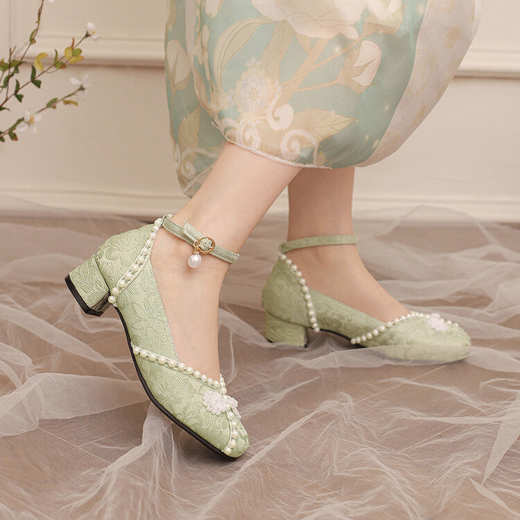 Women's Lace Beads Square Toe Block Heel Ankle Strap Pumps