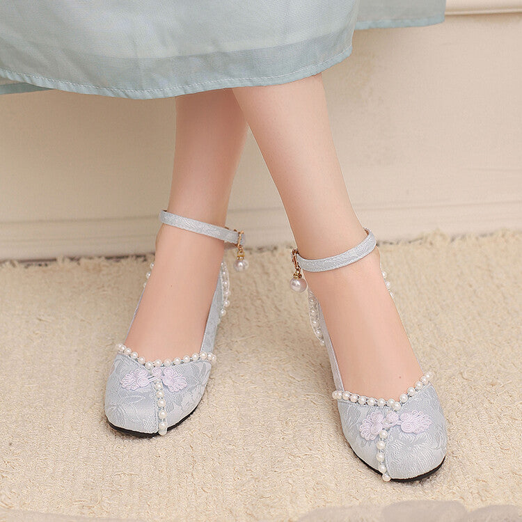 Women's Lace Beads Square Toe Block Heel Ankle Strap Pumps