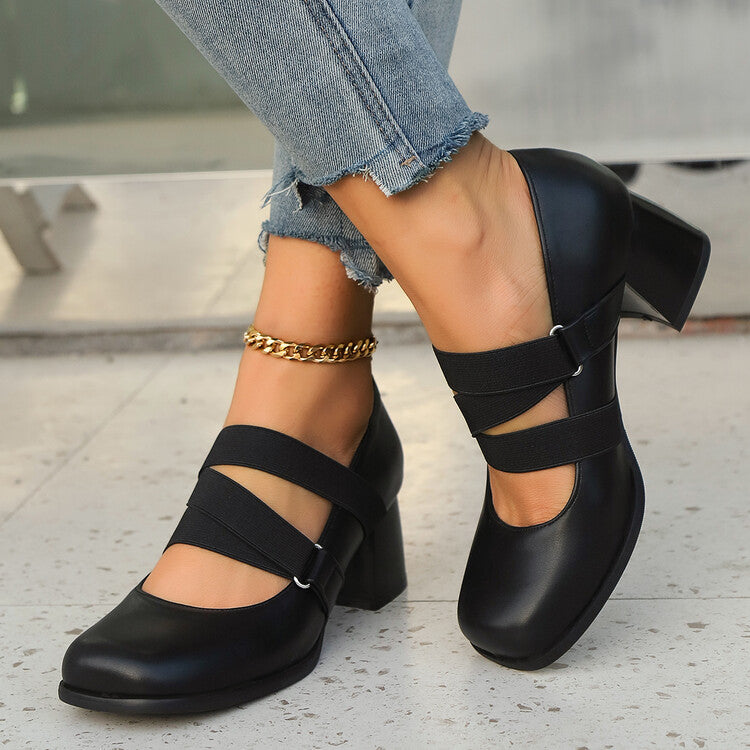 Women's Mary Jane Square Toe Elastic Bands Pumps