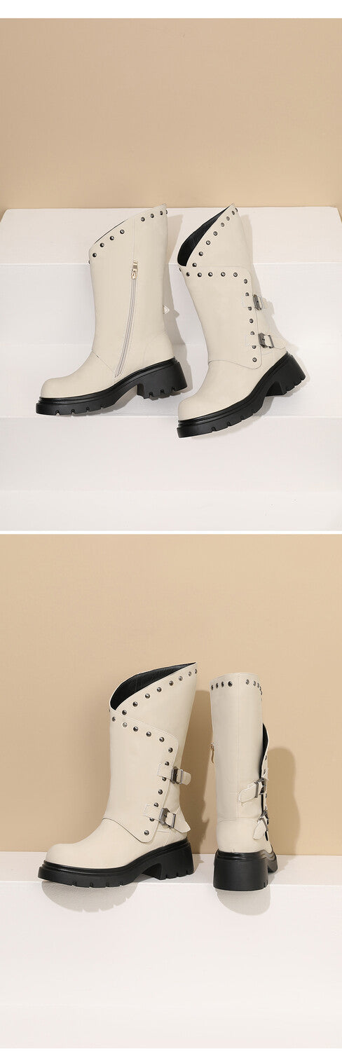 Women's Buckle Belt Rivets Mid Calf Boots