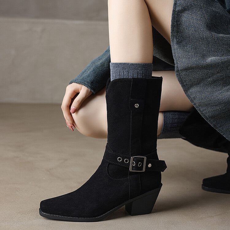Women's Buckle Strap Block Heel Mid Calf Boots