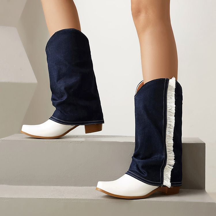 Women's Patchwork Tassel Pointed Toe Square Heel Western Boots