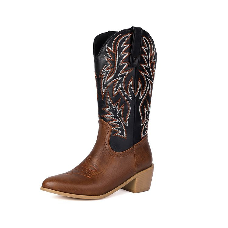 Women's Embroider Pointed Toe Low Heel Mid Calf Western Boots