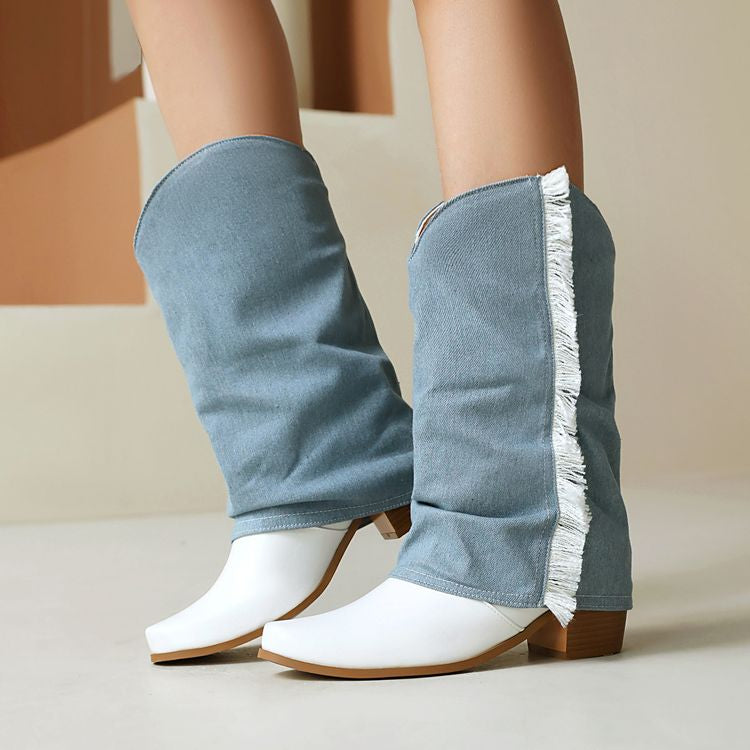 Women's Patchwork Tassel Pointed Toe Square Heel Western Boots