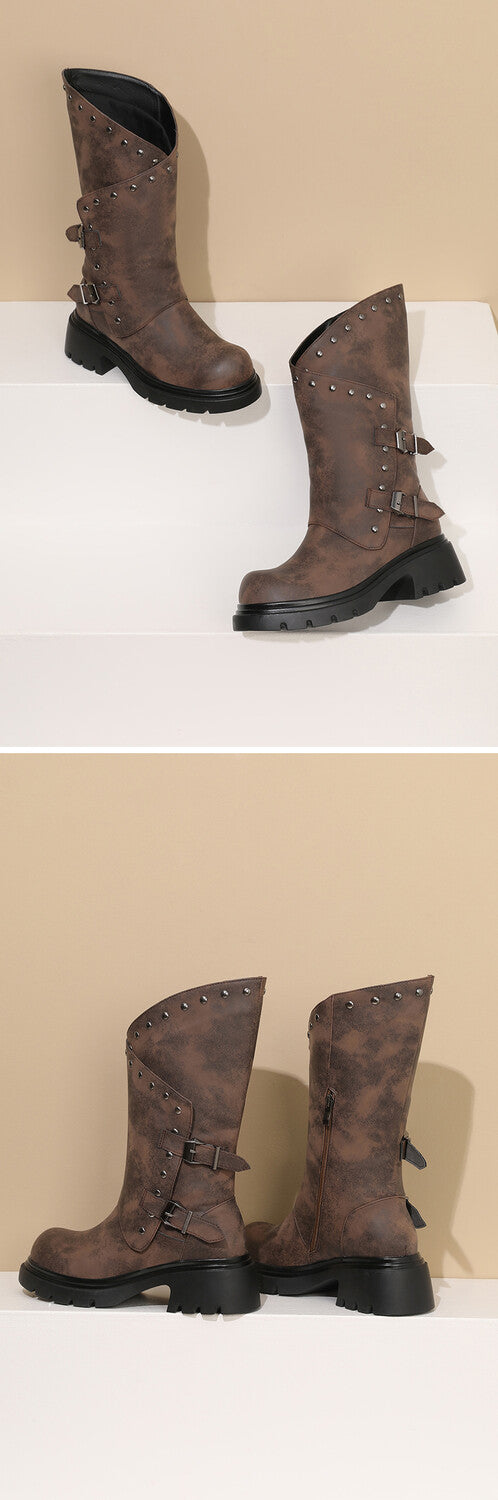 Women's Buckle Belt Rivets Mid Calf Boots