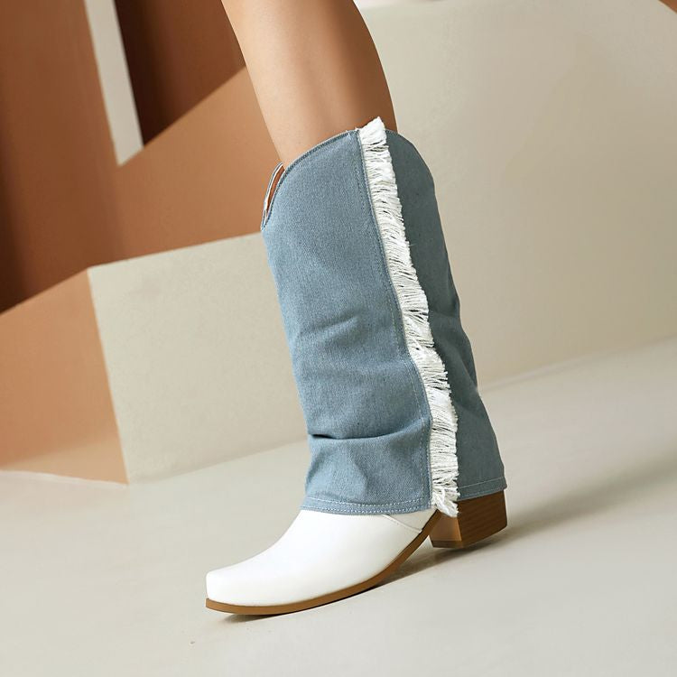 Women's Patchwork Tassel Pointed Toe Square Heel Western Boots
