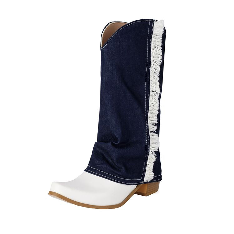 Women's Patchwork Tassel Pointed Toe Square Heel Western Boots