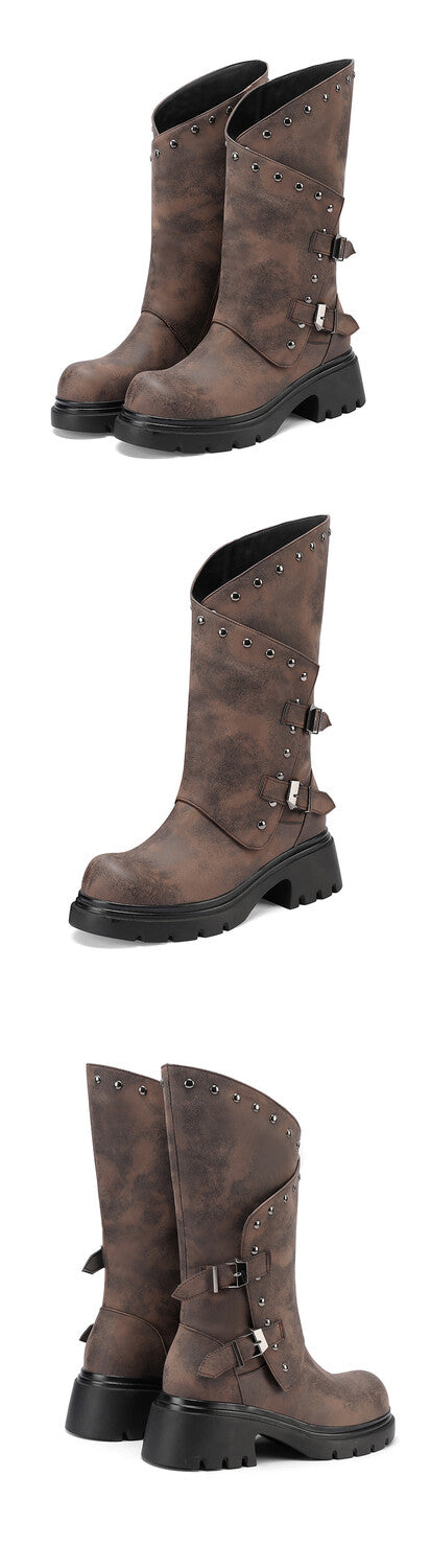 Women's Buckle Belt Rivets Mid Calf Boots