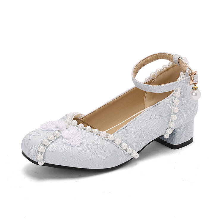 Women's Lace Beads Square Toe Block Heel Ankle Strap Pumps