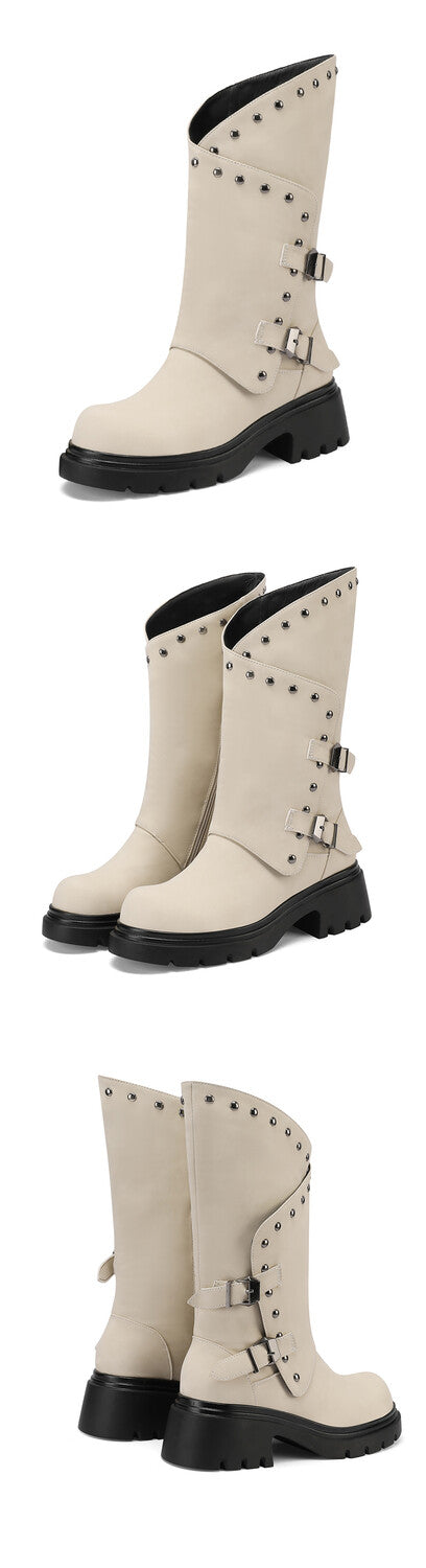 Women's Buckle Belt Rivets Mid Calf Boots