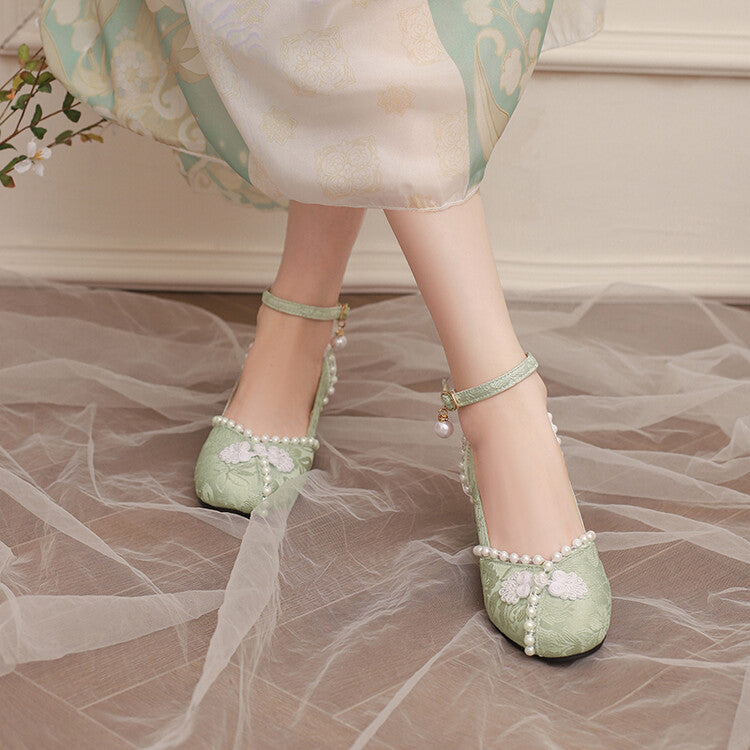 Women's Lace Beads Square Toe Block Heel Ankle Strap Pumps