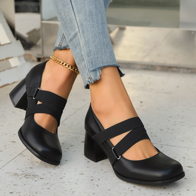 Women's Mary Jane Square Toe Elastic Bands Pumps