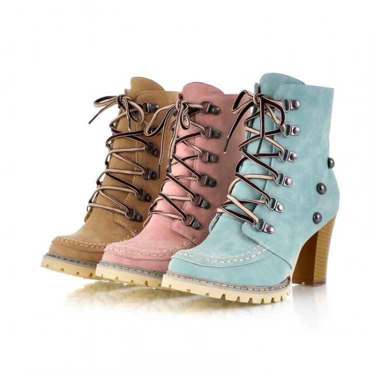 Studded High Heels Ankle Boots Chunky Heel Shoes 9132