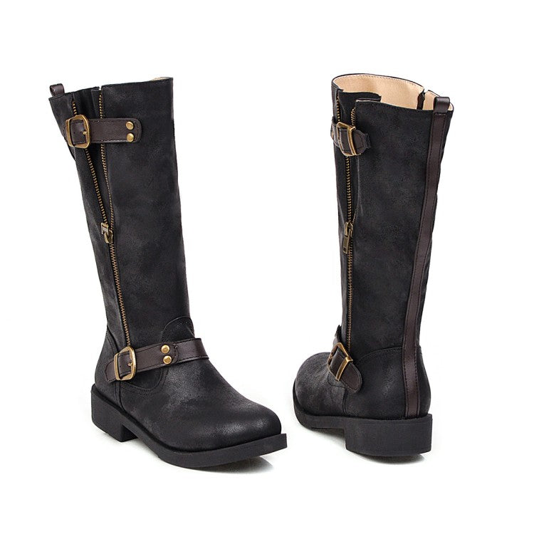 Women Buckle Belt Low Heels Knee High Boots