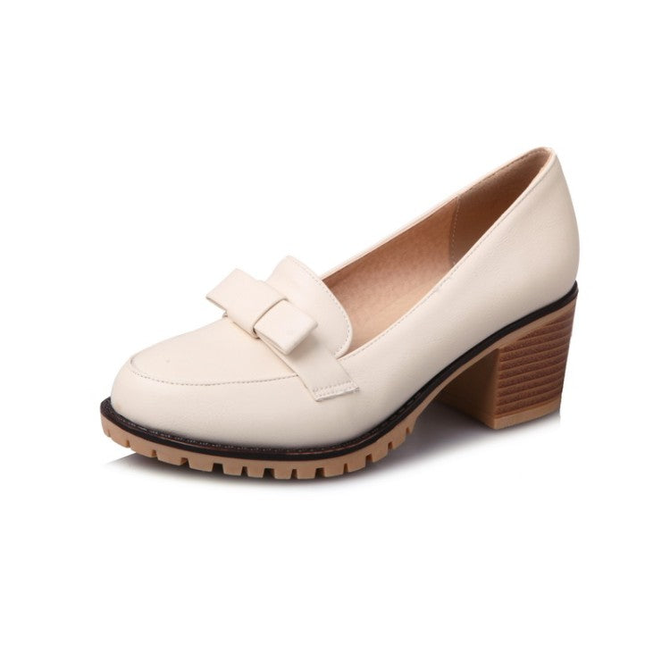 Women Bow High Heels Chunky Pumps Shoes