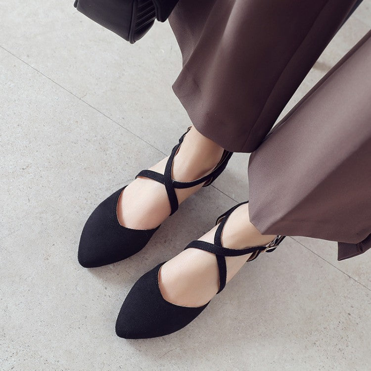 Women Suede Pointed Toe Ankle Strap Block Heel Sandals