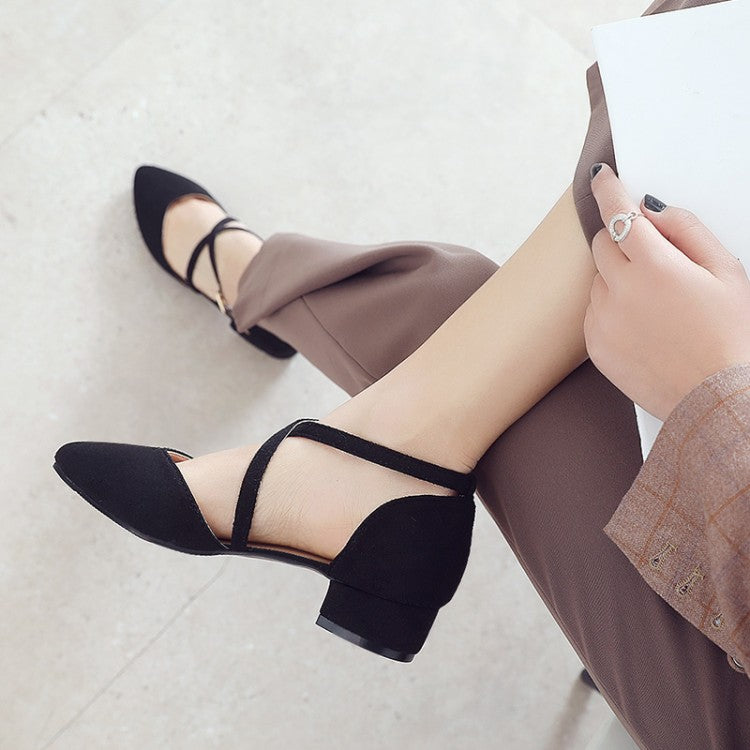 Women Suede Pointed Toe Ankle Strap Block Heel Sandals