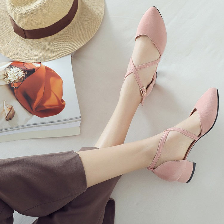 Women Suede Pointed Toe Ankle Strap Block Heel Sandals