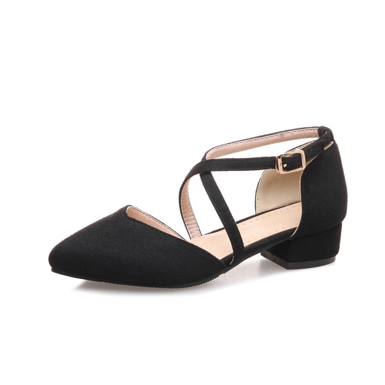 Women Suede Pointed Toe Ankle Strap Block Heel Sandals