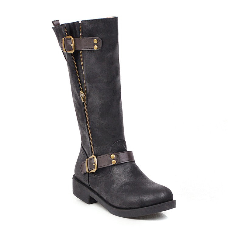 Women Buckle Belt Low Heels Knee High Boots