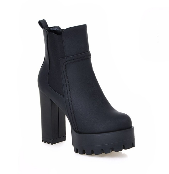 Faux Leather High Heels Women Short Boots Chunky Heel