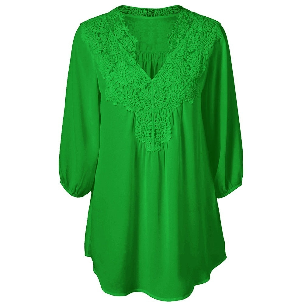 V Neck Three Quarter Sleeve Lace Patchwork Chiffon Blouse 9849